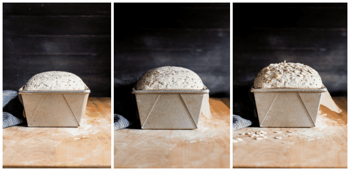 Three images of the gluten free bread rising from start to finish. 