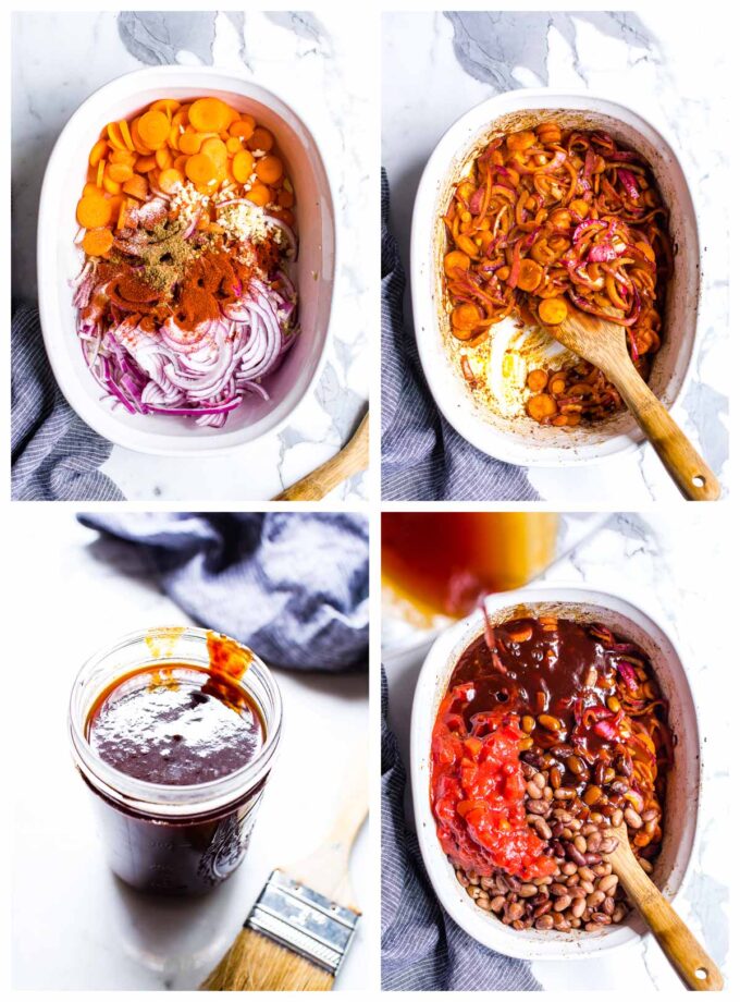 1. Ingredients in a baker for vegetarian BBQ baked beans. 2. Roasted baked beans ingredients in a baker. 3. Smoky Vegetarian BBQ sauce in a jar. 4. Pouring BBQ sauce over beans and other ingredients in a baker.