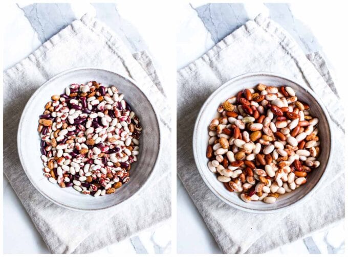 1. Dried beans in a bowl. 2. Eight hour water soaked beans in a bowl.