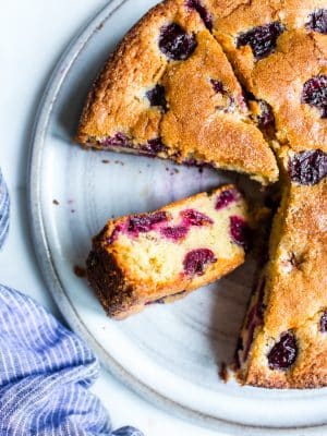 Easy Cherry Almond Cake Recipe sliced and ready to share.