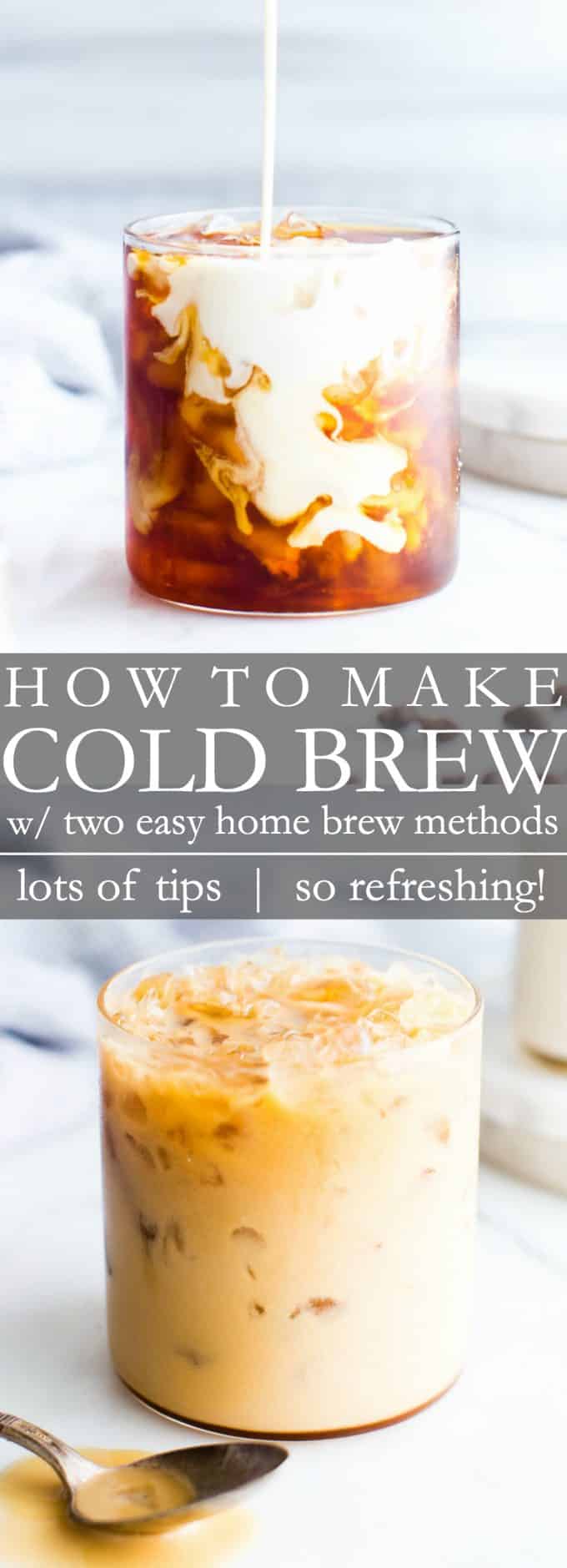 How to Make Cold Brew using a French press or using a strainer and paper filter system collage with text overlay