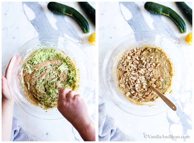 3. Mixing shredded zucchini with batter in a bowl. 4. Walnuts in the batter of gluten free zucchini bread.