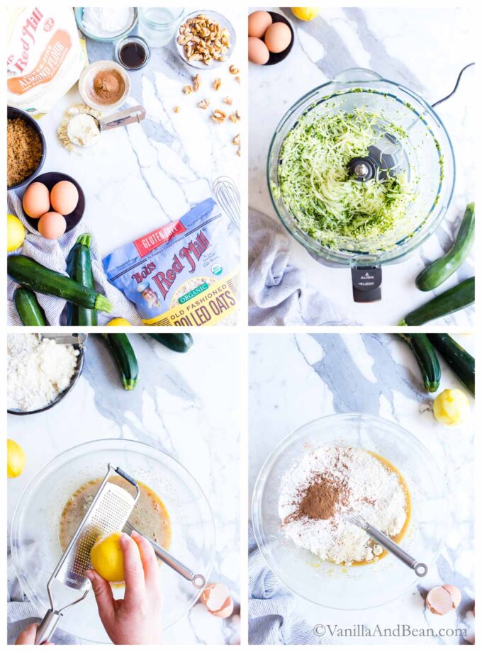 1.  Ingredients for healthy zucchini bread. 2. zucchini shreds in a workbowl of a food processor. 3. Zesting a lemon into a bowl. 4. Adding dry ingredients to wet ingredients for oat flour zucchini bread. 