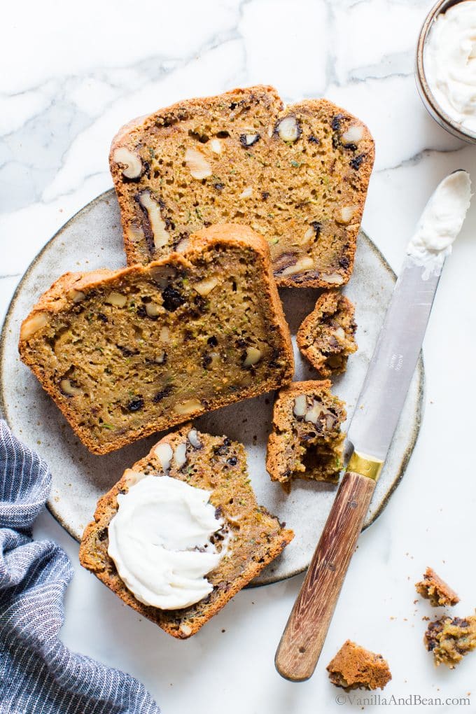 Zucchini Bread on a Plate with Cream Cheese