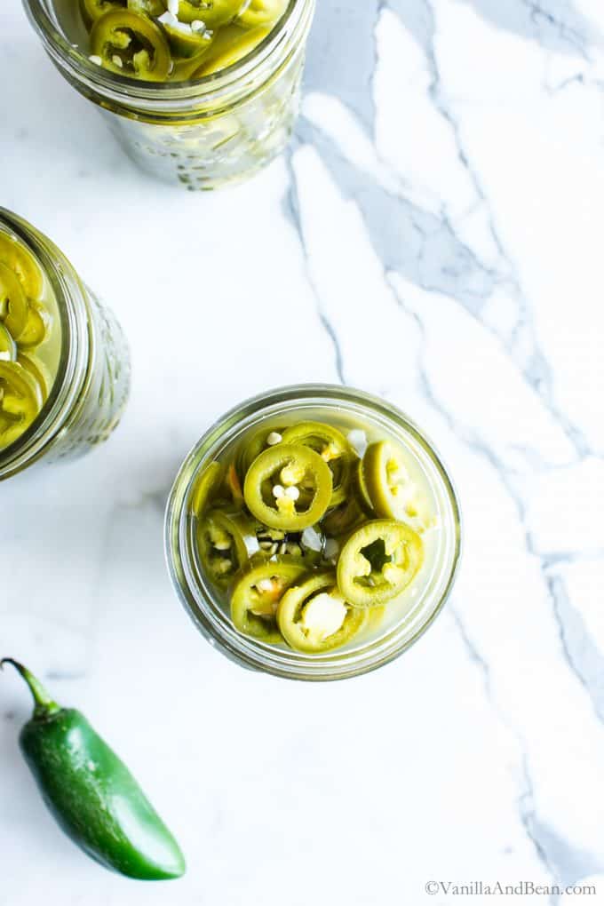 Pickled jalapeños in a jars. 