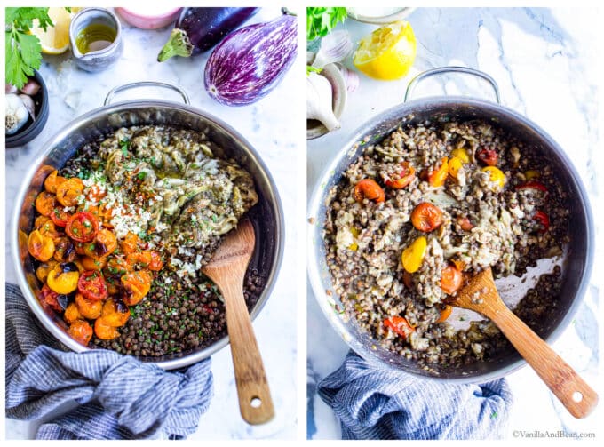 1. Mediterranean eggplant recipe in a pan with a spoon in it. 2. Mixed Lentils and Eggplant with roasted tomatoes.