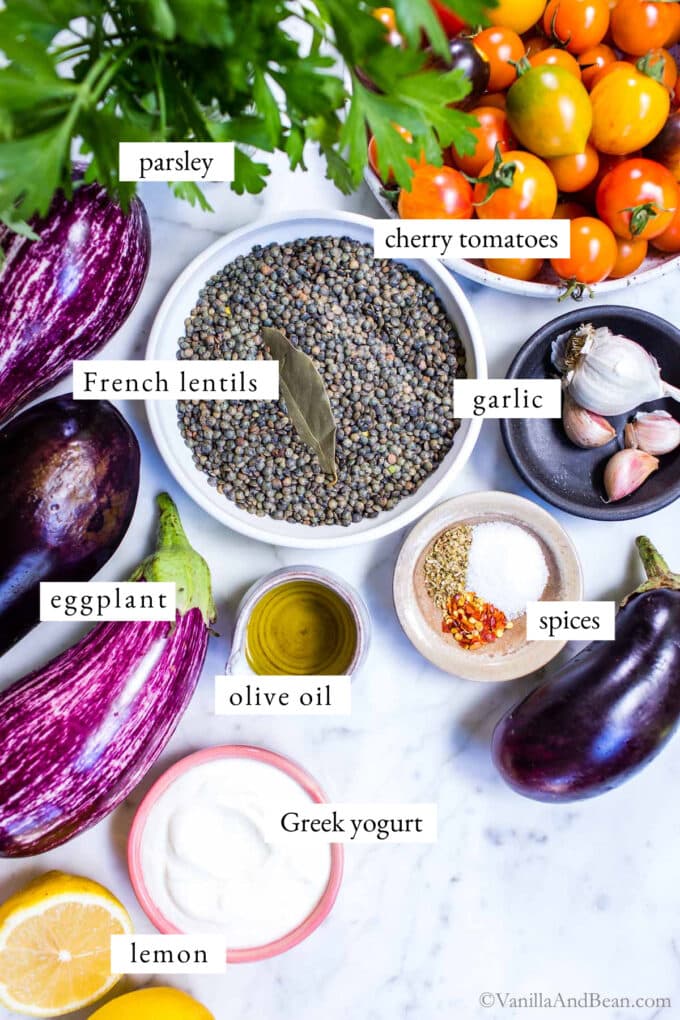 Ingredients for a Mediterranean eggplant recipe.