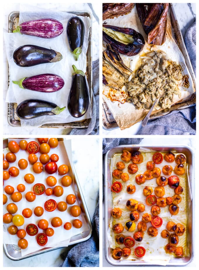 1. Globe eggplants on a sheet pan. 2. Roasted eggplants after roasting with flesh scraped out. 3. Cherry tomatoes on a sheet pan. 4. Roasted cherry tomatoes on a sheet pan.