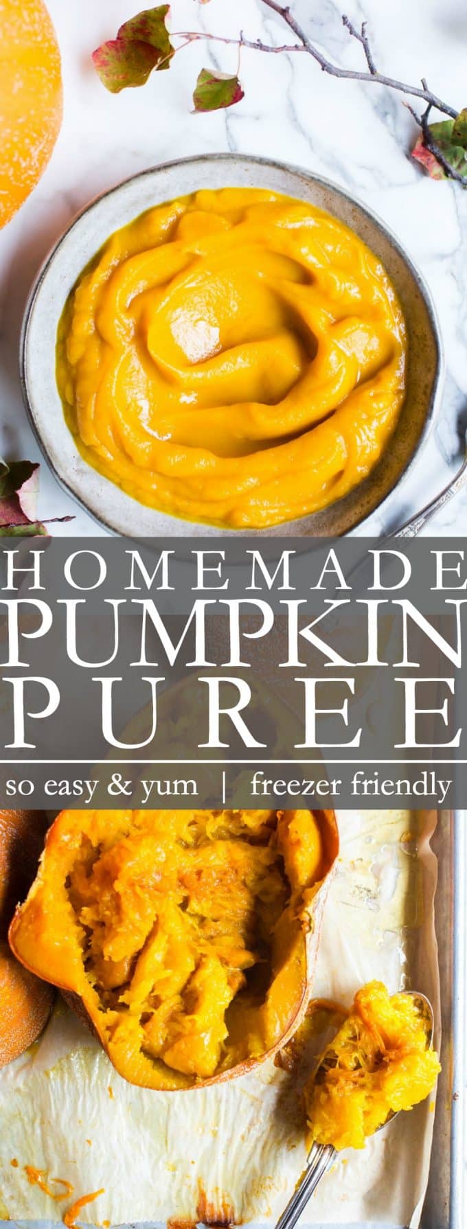 Pinterest Pin with pumpkin puree in a bowl and pumpkin flesh being scooped out. 