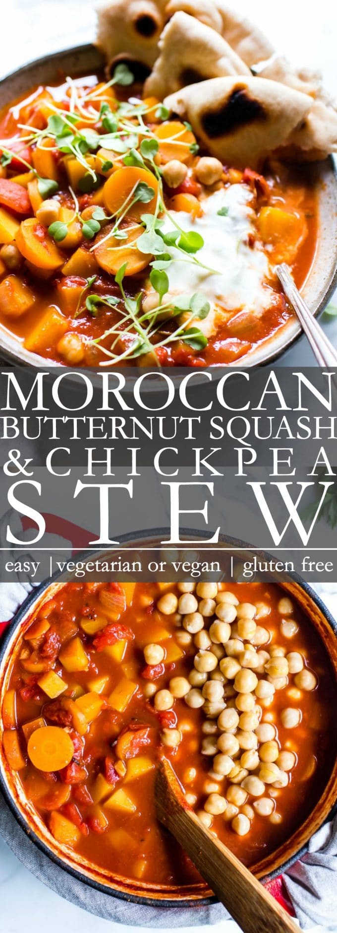 A pinterest pin for Moroccan Butternut Squash and chickpea stew. 1. in a bowl. 2. in a Dutch oven. 