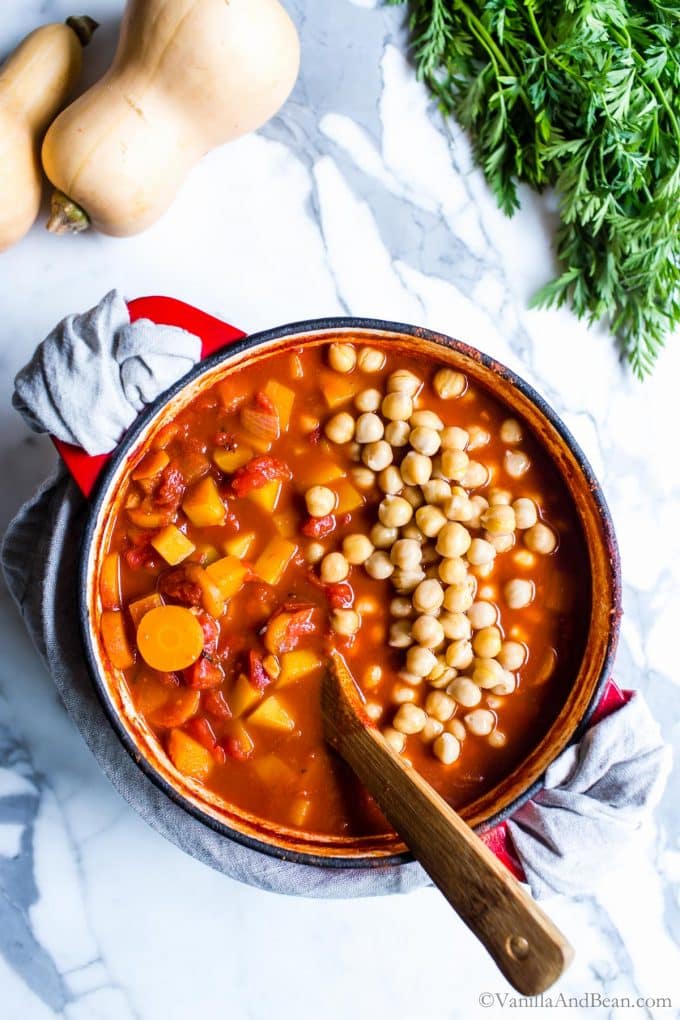 Chickpeas added to the base of this Vegan Stew towards the end of cooking. 
