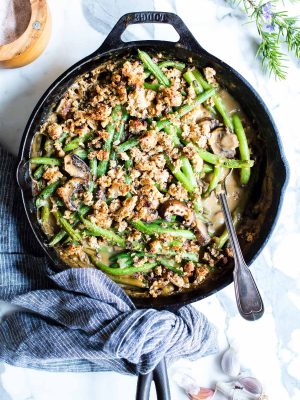 Easy Vegan Green Bean Casserole in a skillet ready to serve.