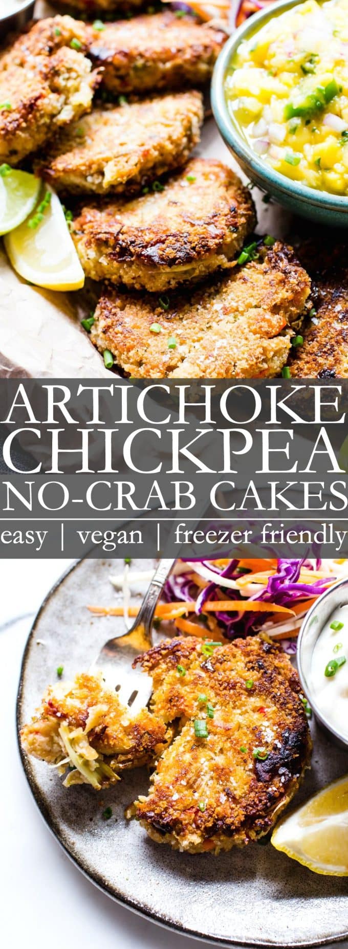 Pinterest pin for artichoke chickpea vegan crab cakes with two images: 1. crabless cakes on a platter. 2. vegan crab cakes on a plate. 