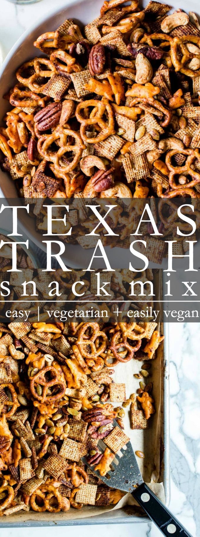 Pinterest pin for Texas Trash Snack Mix - a close up of two images. 