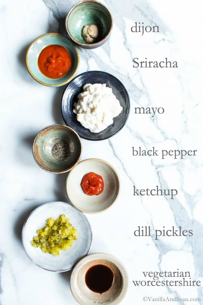 Russian Sauce Ingredients: dijon, Sriracha, mayo, black pepper, ketchup, pickles, and vegan Worcestershire.