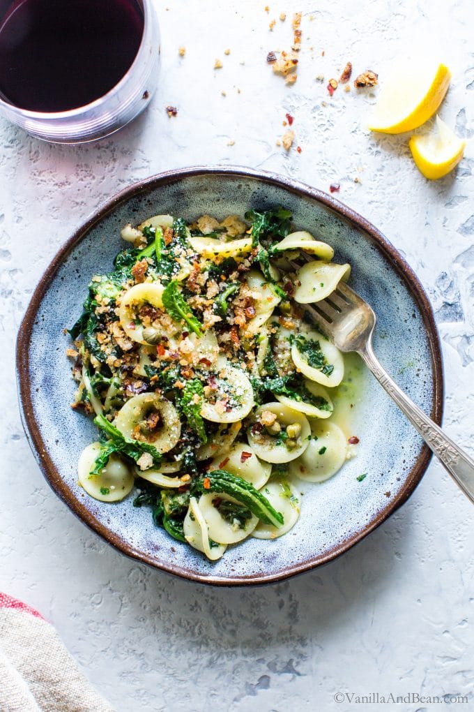 Orecchiette with Garlicky Kale and Breadcrumbs on a plate. 