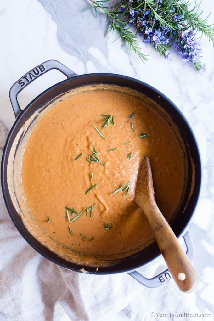 Creamy Chickpea Soup in a Dutch oven. 
