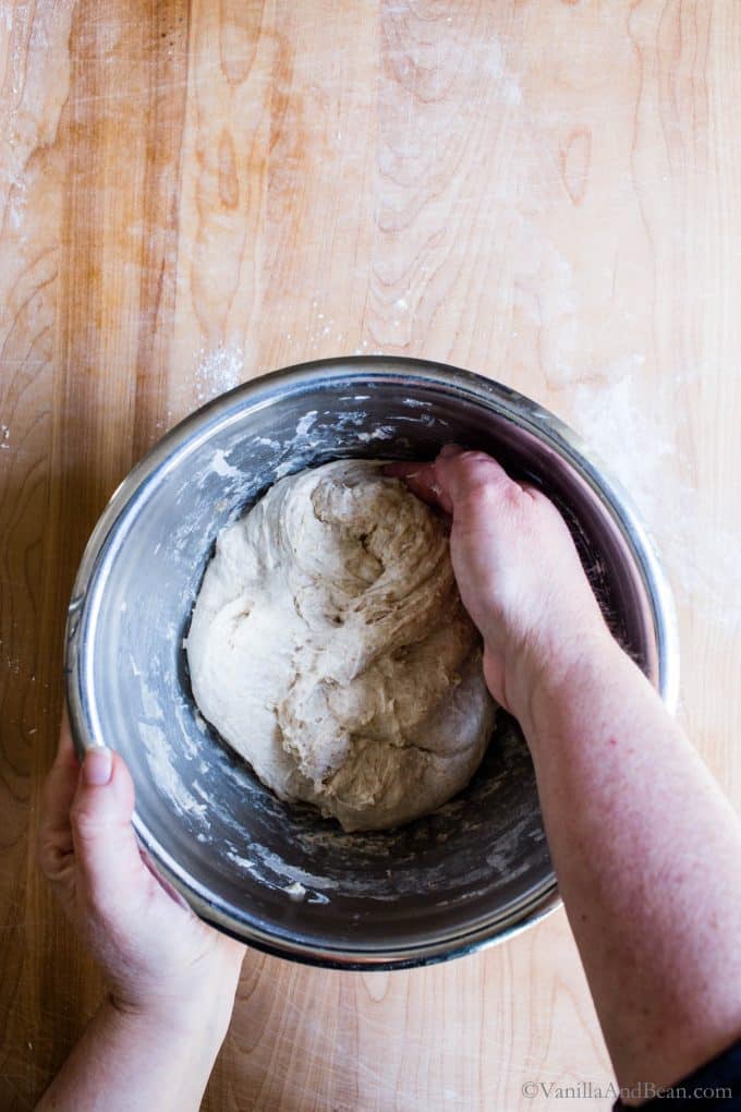 Folding the dough in a bowl after resting for 30 minutes.