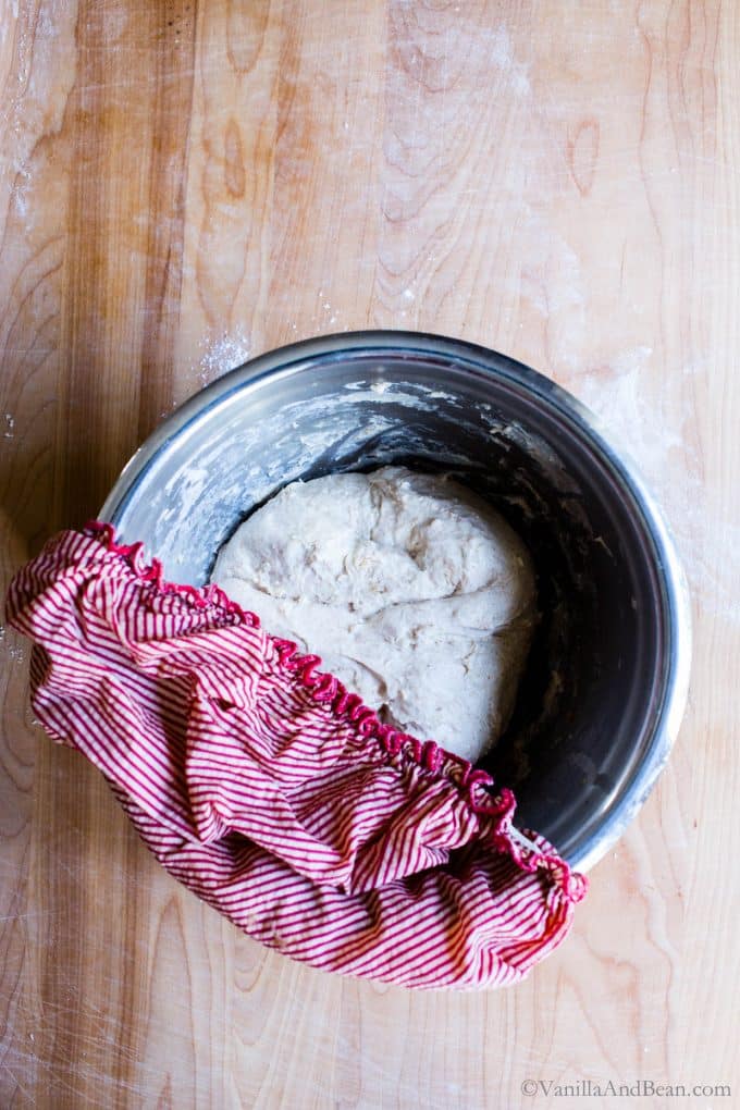 Sourdough in a bowl, getting covered with a red bowl bonnet after autolyse.