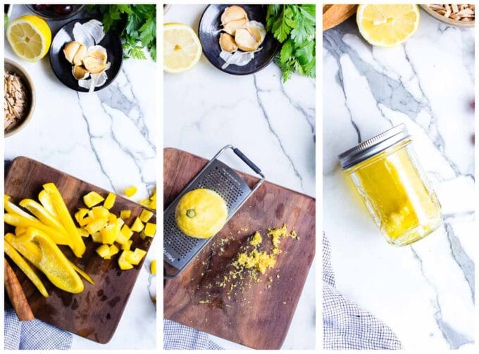 1. chopped yellow bell pepper on a cutting board. 2. zested lemon on a cutting board. 3. Lemon garlic dressing in a jar.