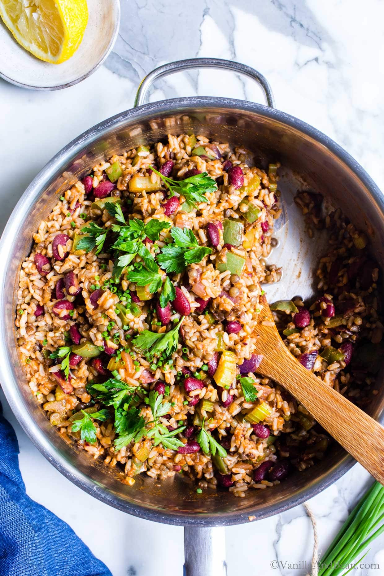 Vegetarian Dirty Rice in a skillet ready to be shared.