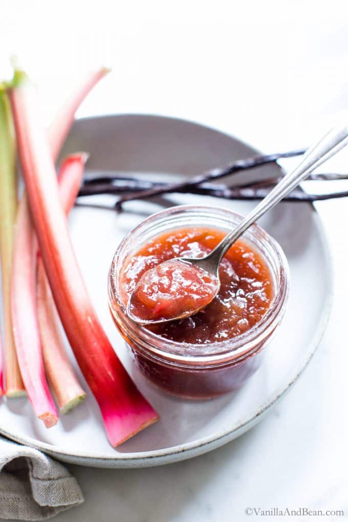 Rhubarb jam on a plate with a spoon, fresh rhubarb and vanilla beans. 