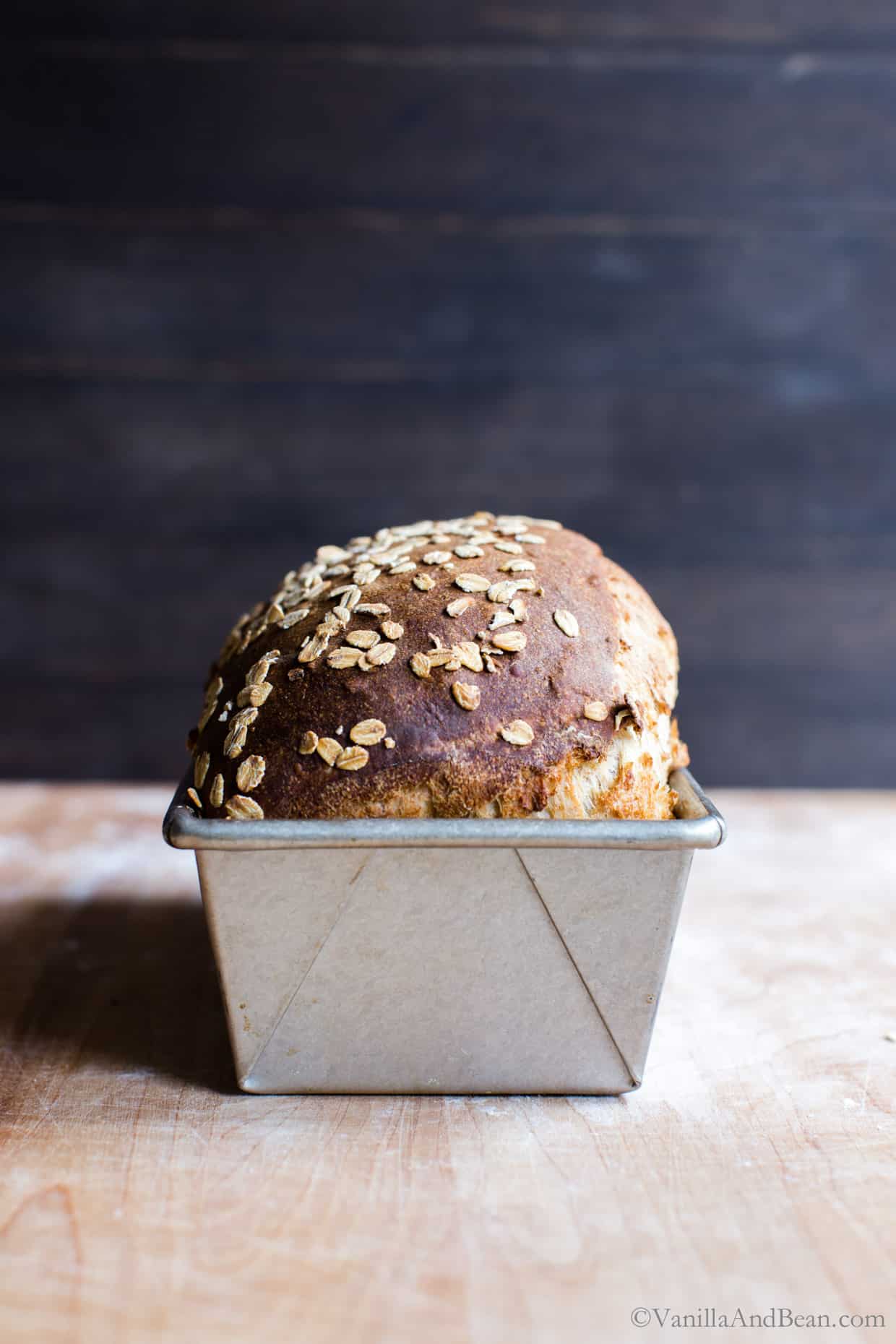 Baked maple oat sourdough sandwich bread in a loaf pan