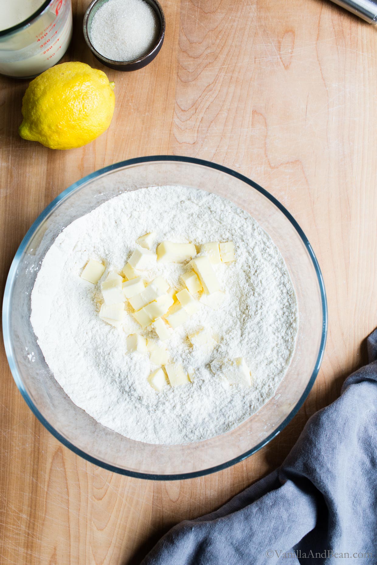 Diced butter in a bowl of flour.