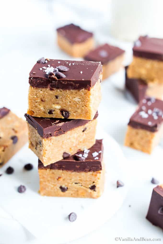 No Bake Peanut Butter Chocolate Bars with sea salt sprinkled on top.