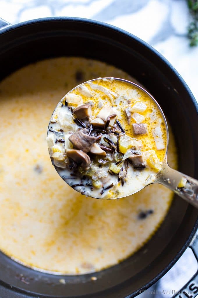 A ladle full of Wild Rice and Mushroom Soup. 