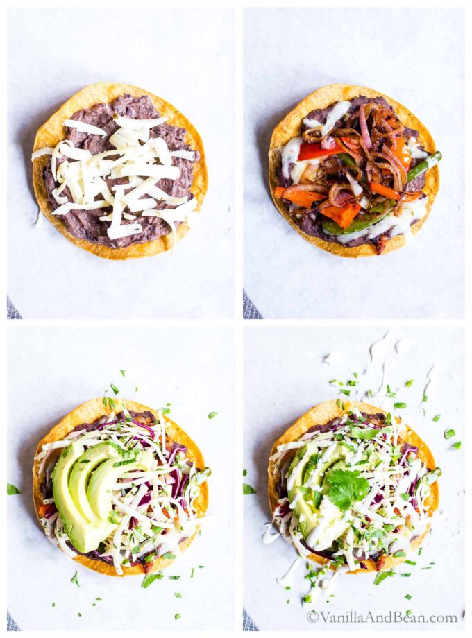 Four images showing how to layer the ingredients to make veggie tostadas. 