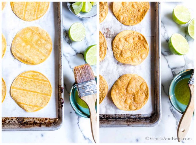 1. Pan of corn tortillas with limes and olive oil next to a pan. 3. Baked mini tostada shells.