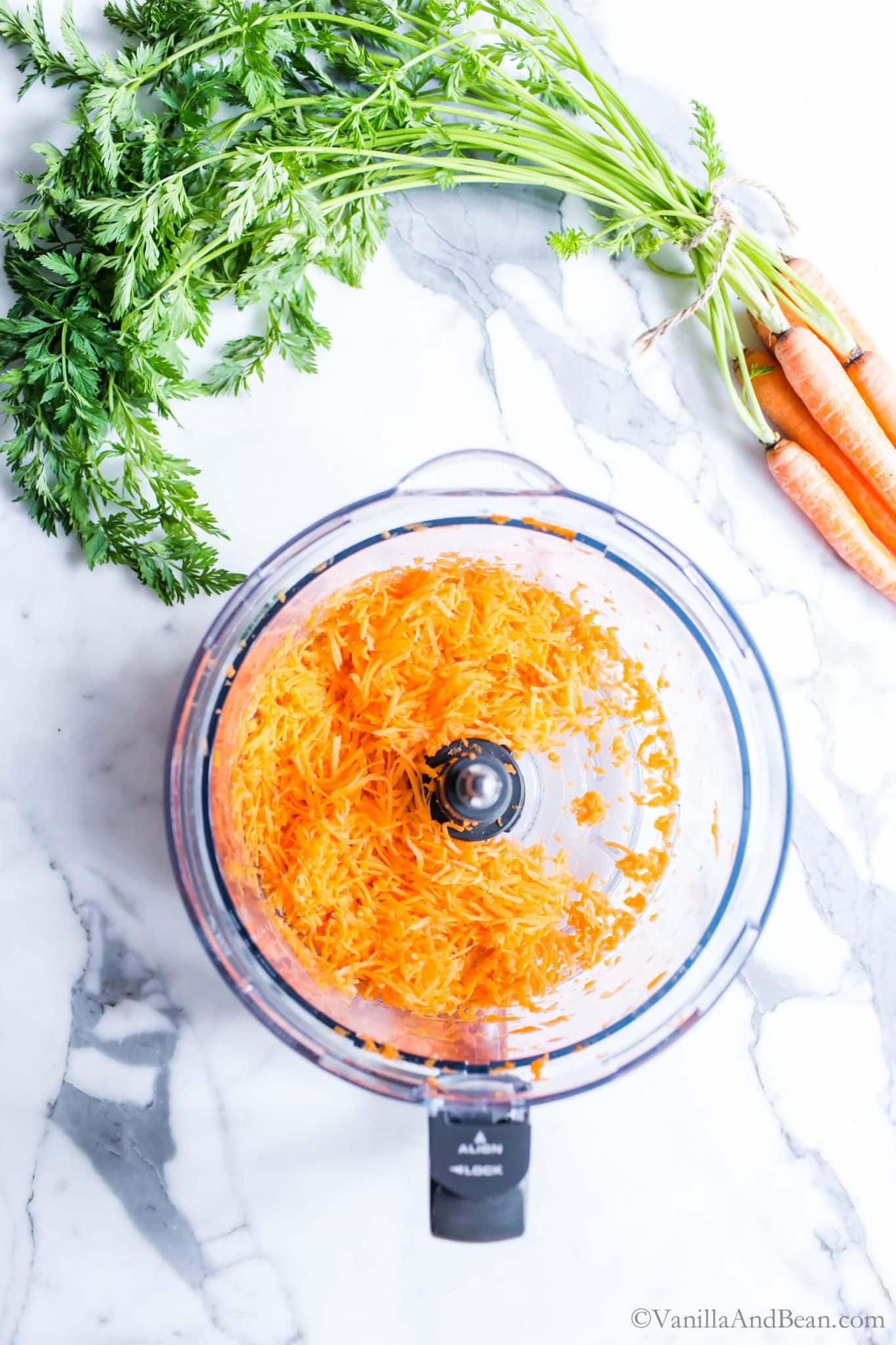 Shredded carrots in a food processor bowl.