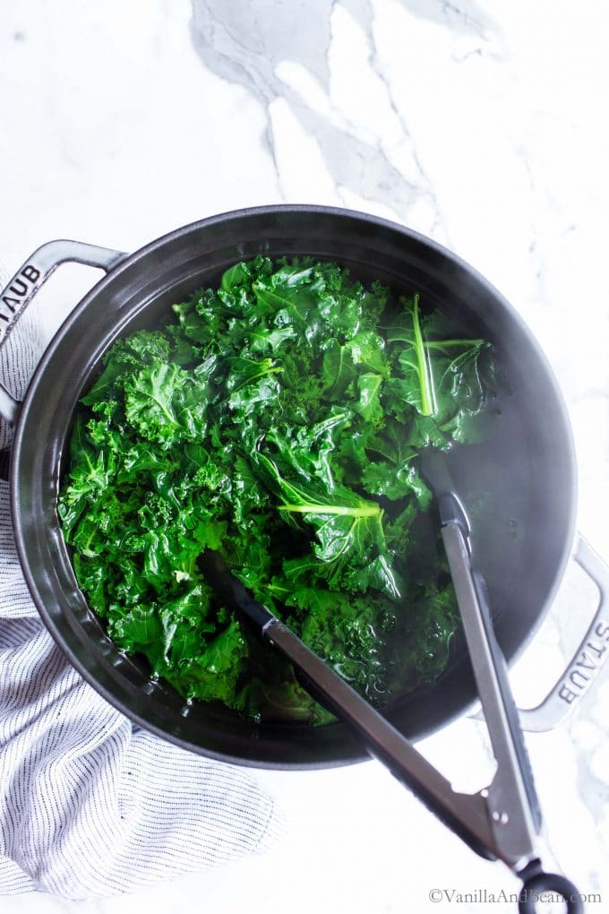 Blanching fresh kale. 