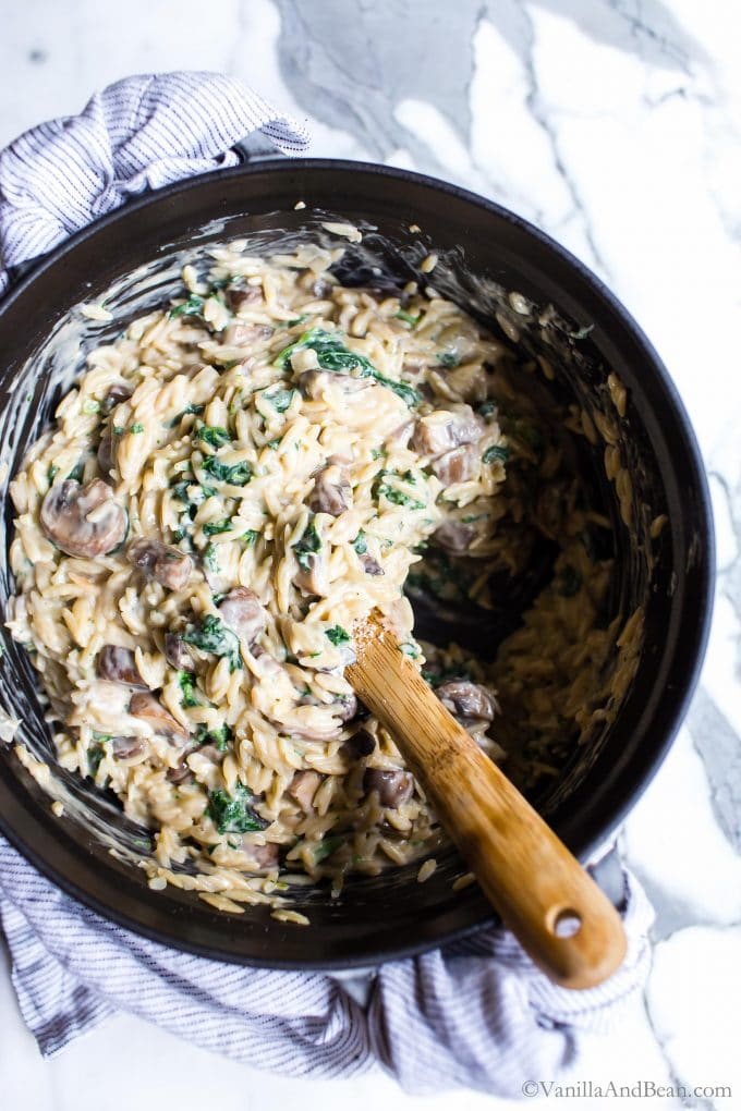 Easy Orzo Recipe in a Dutch Oven with mushrooms and kale. 
