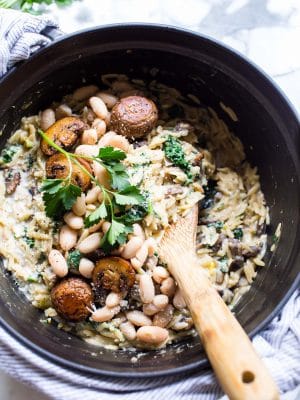 Best Orzo Recipe in a Dutch Oven with mushrooms and kale.