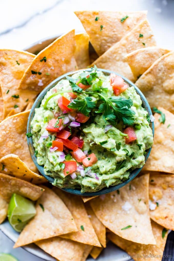 Creamy Guacamole Recipe in a bowl garnished with tomatoes and cilantro surrounded by tortilla chips.