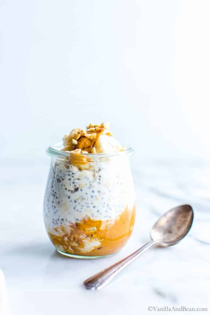 Dairy Free Peanut Butter Overnight Oats with Banana in a small Jar ready to eat.