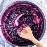 Easy Blueberries Compote in a pan with a spoon.
