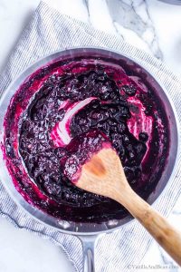 Easy Blueberries Compote in a pan with a spoon.