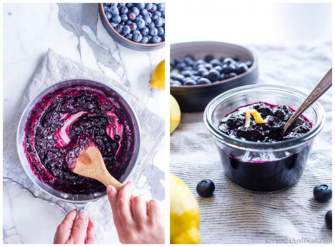 Two images Blueberry Compote Recipe: 1. Stirring blueberries compote in a saucepan. 2. berry compote in a glass jar.
