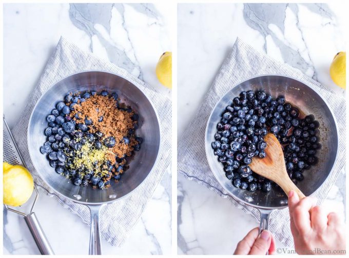 Two image for how to make berry compote: 1. Berry compote recipe ingredinets in a sauce pan. 2. stirring blueberries in a sauce pan. 