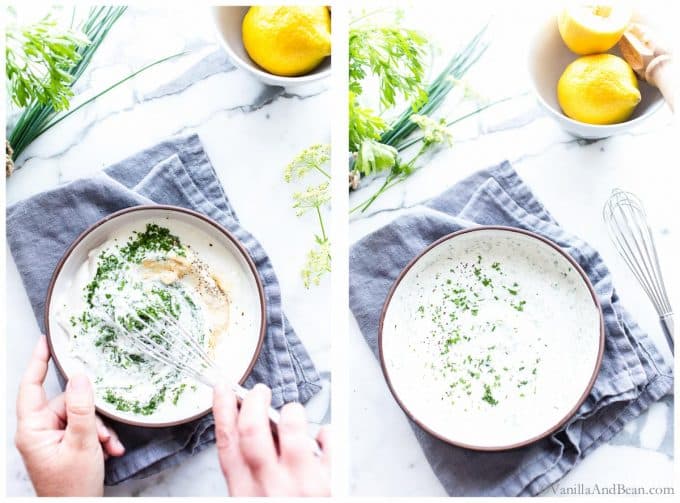 1. Mixing healthy yogurt ranch in a bowl with a whisk. 2. Ranch Dressing with Yogurt recipe in a bowl setting on a tea towel garnished with fresh herbs. 