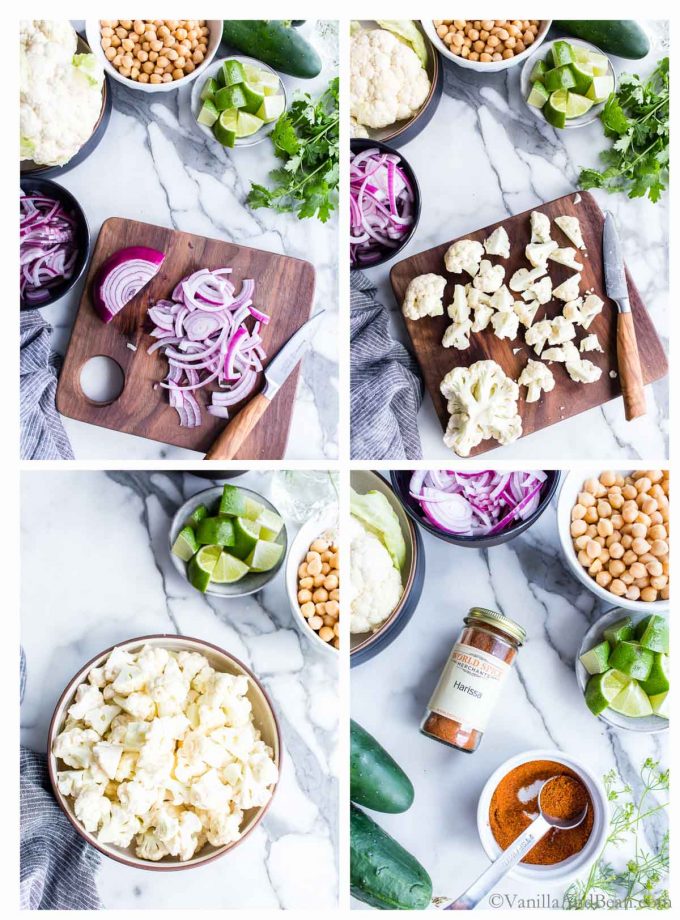 1. Red onion being chopped on a cutting board. 2. One head of cauliflower being cut into small pieces on a cutting board. 3. Cauliflower florets in a bowl. 4. World Spice Merchants Spice Blend on a marble table surrounded by taco ingredients.