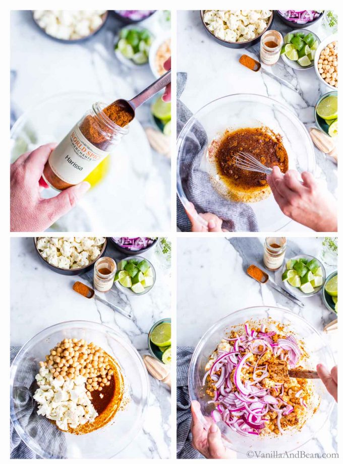 1. Harissa spice blend jar with a measuring spoon scooping some out. 2. Whisking the oil and harissa powder in a bowl. 3. Mixing cauliflower florets, chickpeas and harissa in a large mixing bowl. 4. A spoon mixing all the ingredients for chickpea and garbanzo bean tacos in a bowl.