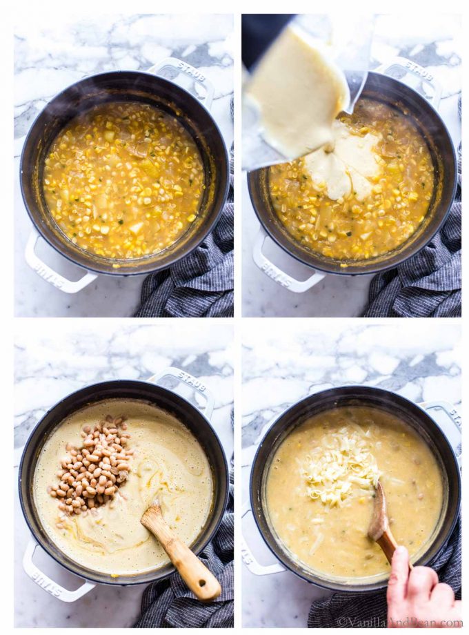 1. Corn chowder simmering in a Dutch Oven. 2. Blended mixture being added to the chowder. 3. Navy Beans added to the corn and potato chowder. 4. Cheese being stirred into the chowder.