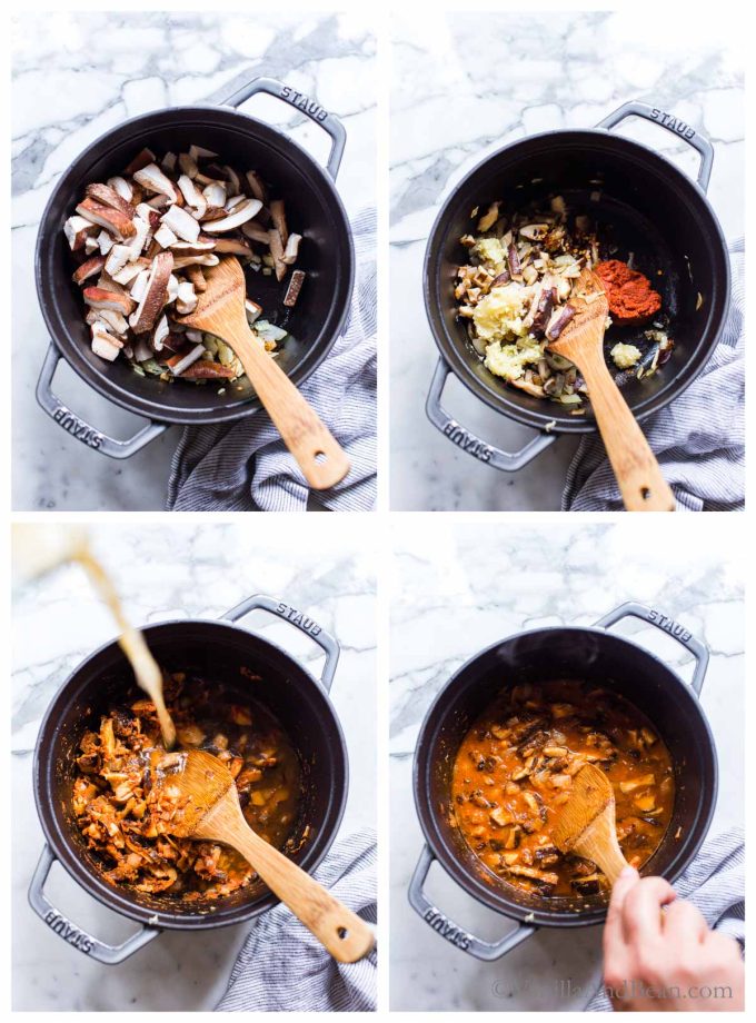 Four images for a Canned Pumpkin Curry Recipe. 1. Sauted mushrooms in a Dutch oven. 2. Mushrooms, garlic, ginger and red curry paste in a Dutch oven. 3. Adding veggie broth to a Dutch oven. 4. Stirring the curry in a Dutch oven.