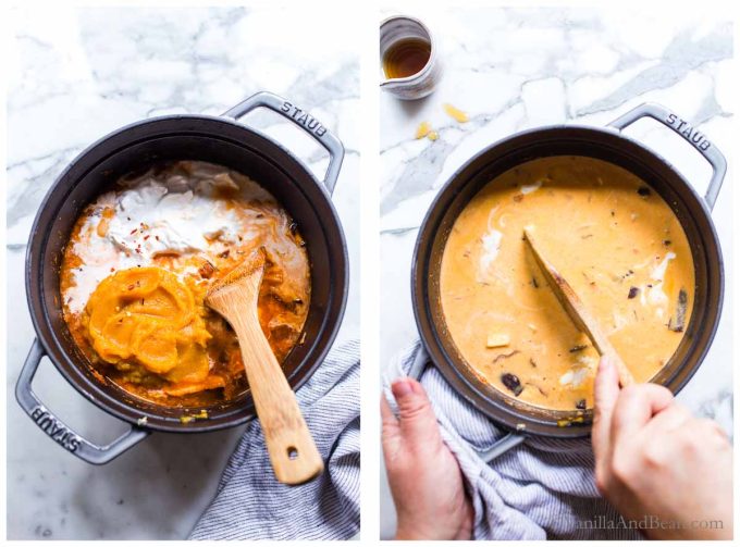 Two images for Thai Red Pumpkin Curry: 1. Curry ingredients in a Dutch oven. 2. Stirred curry ingredients in a Dutch oven.