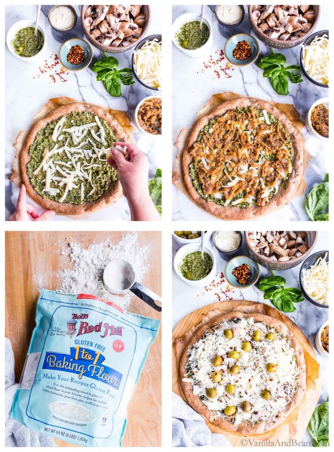 Four images of pizza in the making. 1. Bar baked pizza crust with pesto and cheese on top. 2. Par baked pizza crust with pesto, cheese and onions on top. 3. Bob\'s red mill 1 to 1 Baking flour bag with flour spilling out. 4. A finished par baked pizza ready for baking. 