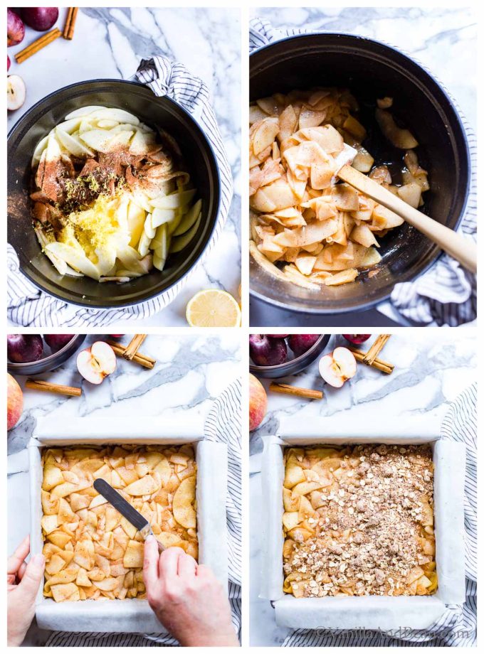 Four images showing the apple dessert bars being made: 1. Sliced apples in a Dutch oven with spices and lemon zest on top. 2. Sliced apples cooked in a Dutch oven. 3. Cooked apples placed on top of the baked crust. 4. Crumble topping scattered on top of the apples in the baking pan.
